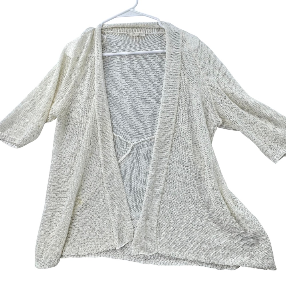 Eileen Fisher Cardigan Women L‎ Ivory FLAW Open Front Mesh Knit Linen Blend
